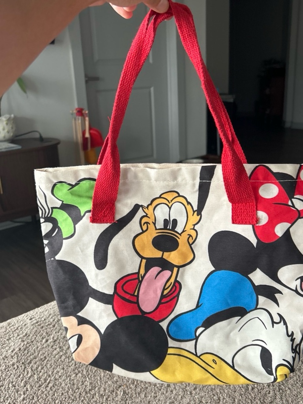 Disney Canvas Tote with Red Handles and Multicolor Character Print